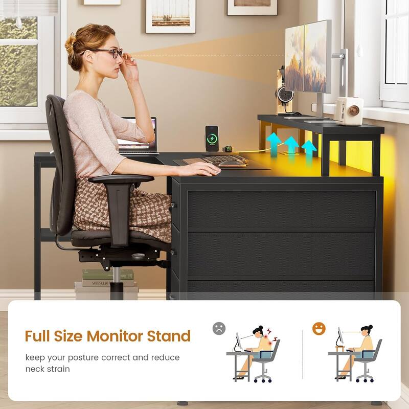 L Shaped Desk with 4 Drawers and Storage Shelves Gaming Desk