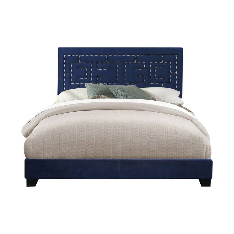 Dark Blue Eastern King Panel Bed with Nailhead Trim and Fully Padded Design