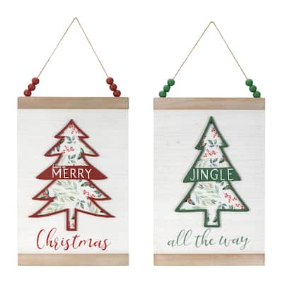 Set of 2 "Merry Christmas" and "Jingle All the Way" Wood Banners with Beaded Hangers for Holiday Decor - 10.5”L x 0.5”W x 16”H