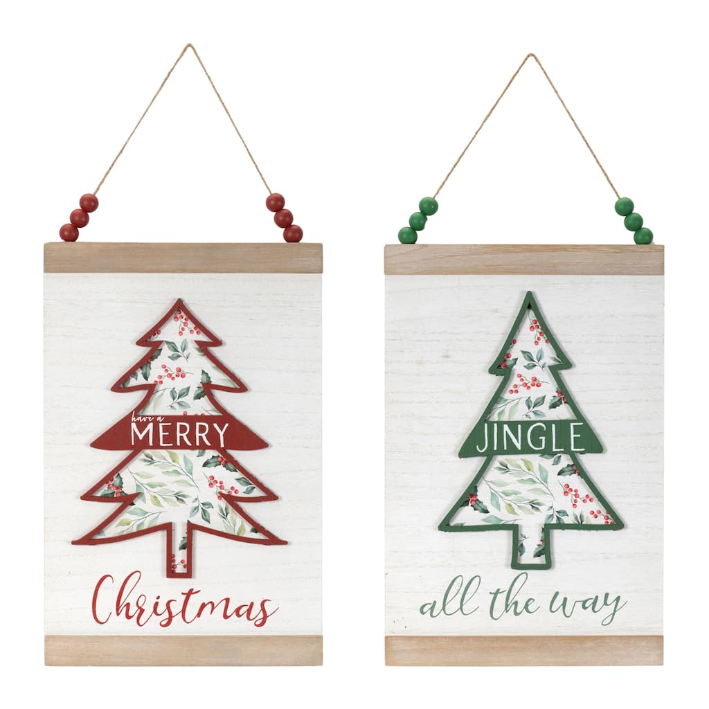Set of 2 "Merry Christmas" and "Jingle All the Way" Wood Banners with Beaded Hangers for Holiday Decor - 10.5”L x 0.5”W x 16”H