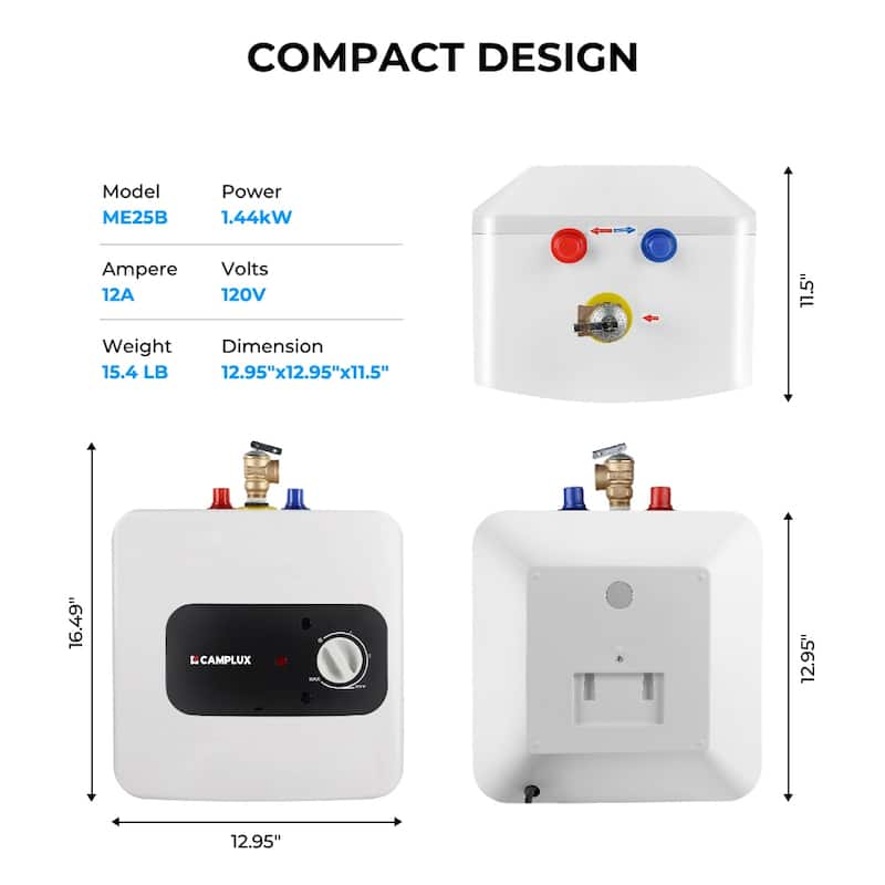 CAMPLUX 2.5 Gallons 1.44kW Mini Tank Electric Water Heater with Cord Plug, White