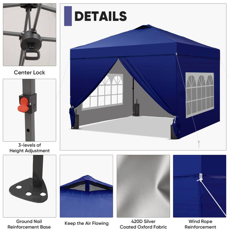 Ainfox 10x10 Pop Up Canopy Tent with 4 Sidewalls, Easy Set up with One Push Lift Outdoor Beach Gazebos with 4 Sandbags