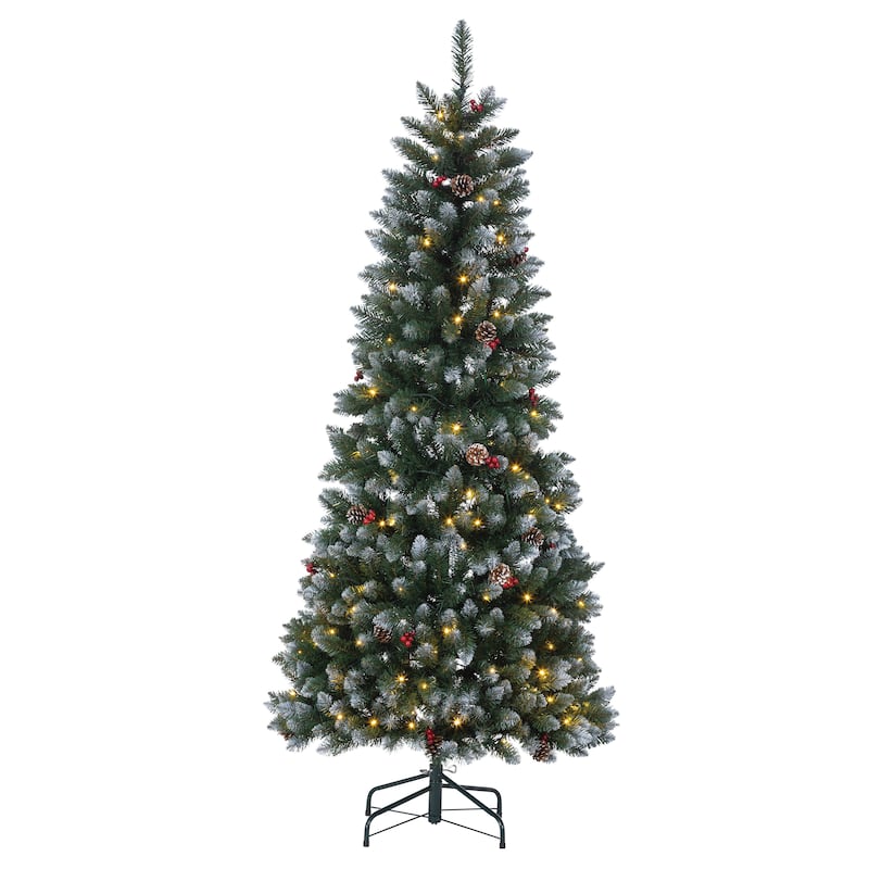 6 ft Pop Up Flocked Green Pine Tree with Pine Cones and Red Berries - N/A
