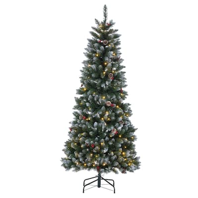 6 ft Pop Up Flocked Green Pine Tree with Pine Cones and Red Berries - N/A