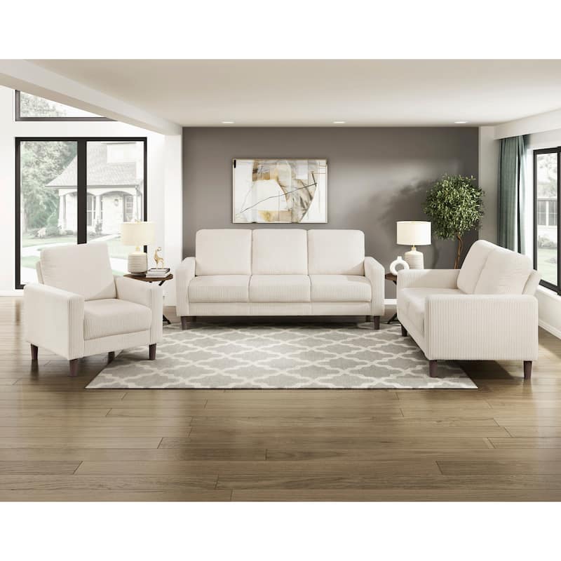 Caspian Corduroy 3-Piece Living Room Set - Wood Finish Exposed Feet