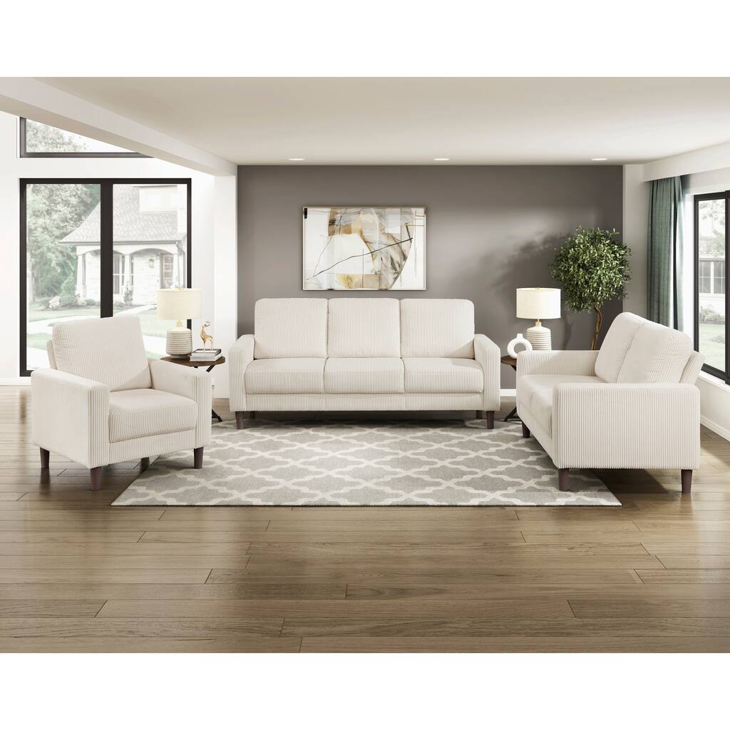 Caspian Corduroy 3-Piece Living Room Set - Wood Finish Exposed Feet