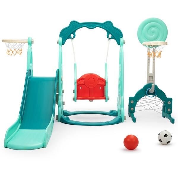 slide 2 of 16, 5-in-1 Kids Slide with Swing, Basketball Hoop and Toss Ring