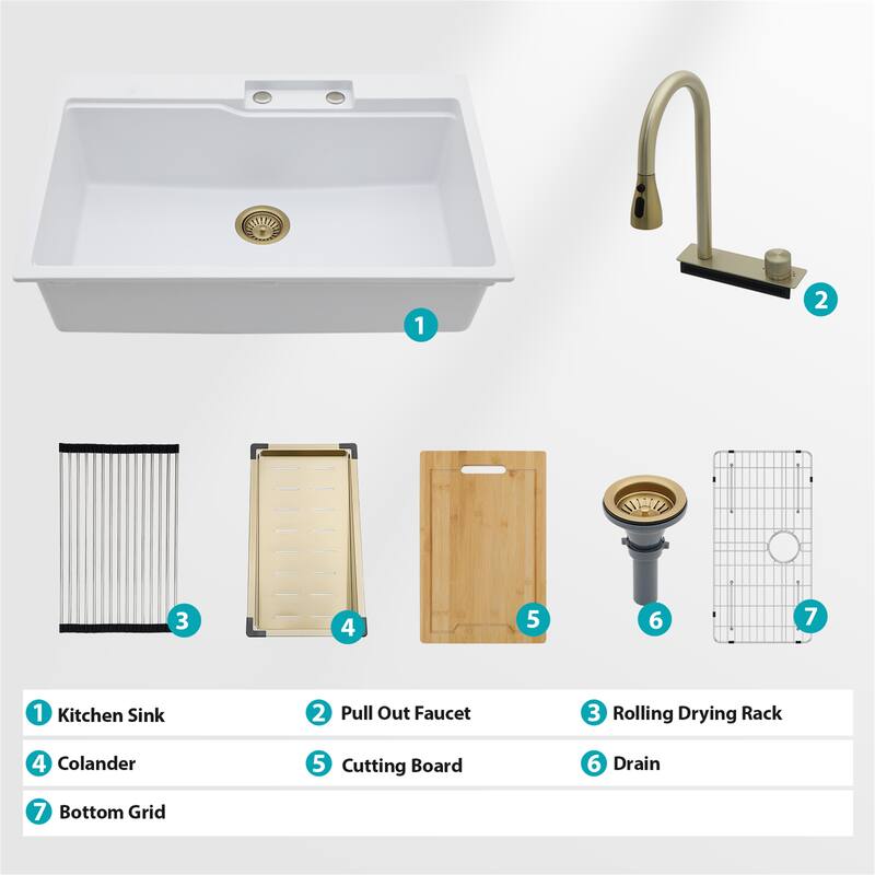 33" Single Bowl Drop In Waterfall Kitchen Sink with Pull-Out Faucet