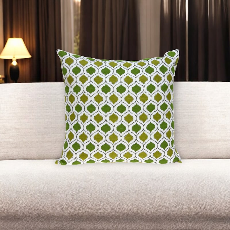 HomeRoots 20" Green and White Ogee Cotton Throw Pillow With Embroidery - Accent - Polyester