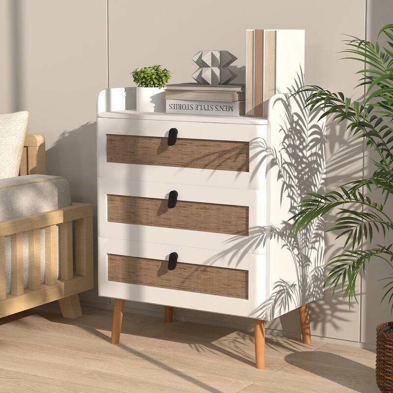 Gymax Modern Nightstand End Bedside Table w/ 3 Rattan Drawers & Solid