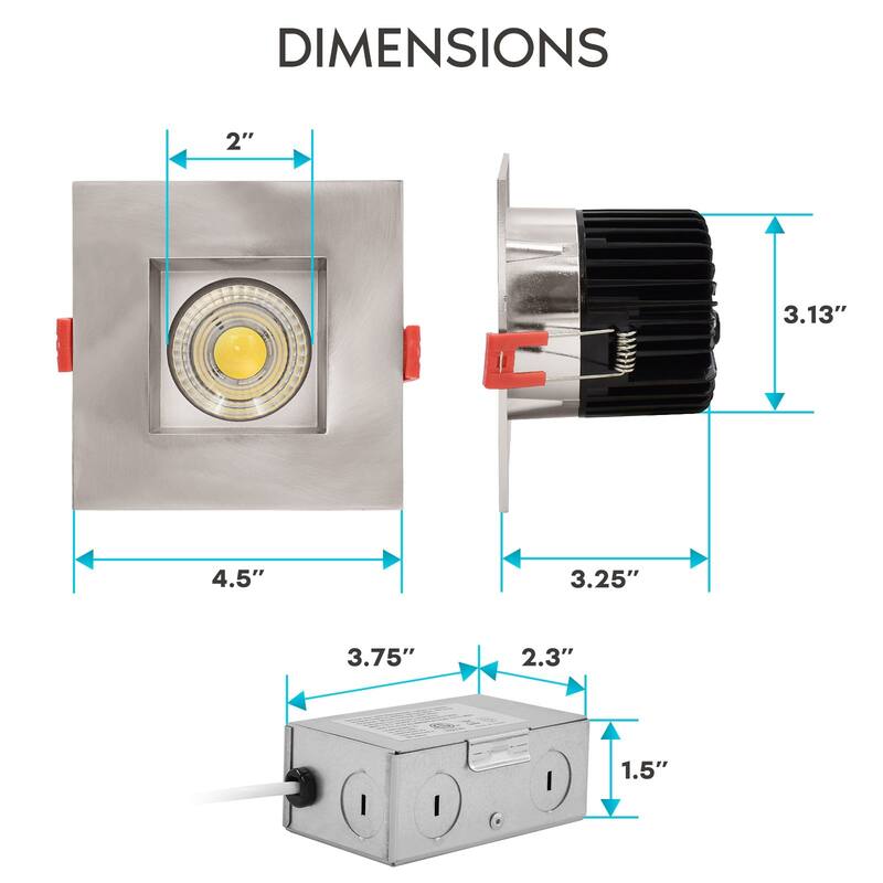 Luxrite 4 Inch Square LED Recessed Light, 15W, 5 Color Selectable, 1100 Lumens, 40° Spotlight, Wet Rated, Brushed Nickel