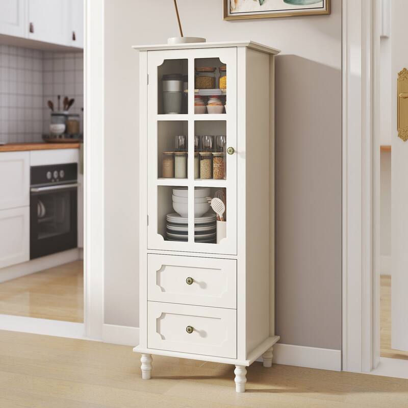 Buffet Cabinet with Glass Doors and Double Drawer, Modern Wooden Storage Sideboard Cupboard for Living room