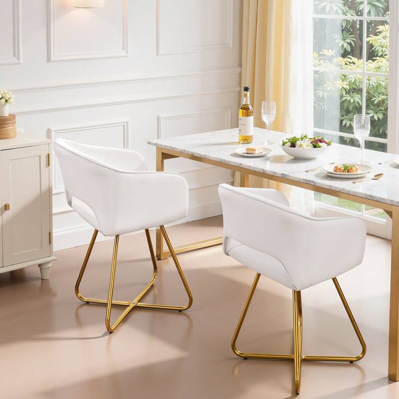 VECELO White Velvet Accent Chair Set of 1/2 Modern Tufted Upholstered High Back Living Room Chair with Gold X-Frame Vanity Chair
