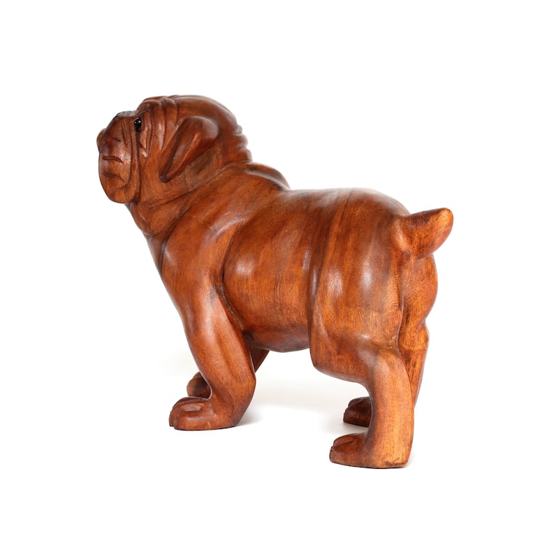 Wooden Hand Carved Walking Bulldog Statue Figurine Sculpture Art Rustic Home Decor Accent Handmade Handcrafted Wood Gift Dog