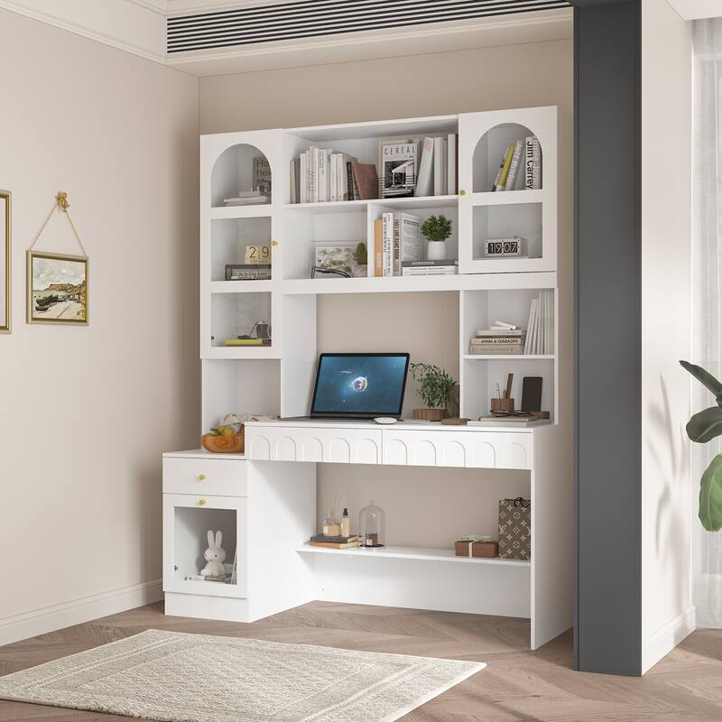 Home Office Bookshelf Spacious Multi-Section Workstation Desk - 62.4"x79.1“