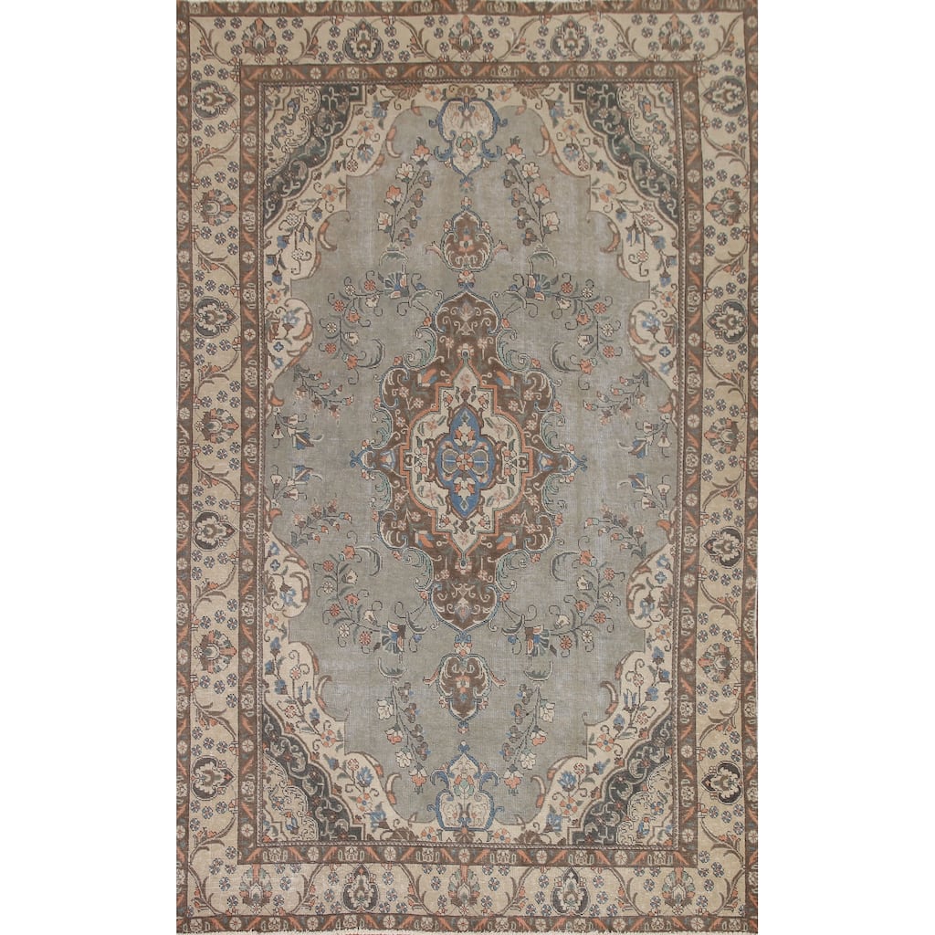 Hand Knotted Oriental 100% Wool Carpet Traditional Medallion Greys & Charcoal Tabriz Area Rug - 10' 9'' X 7' 2''