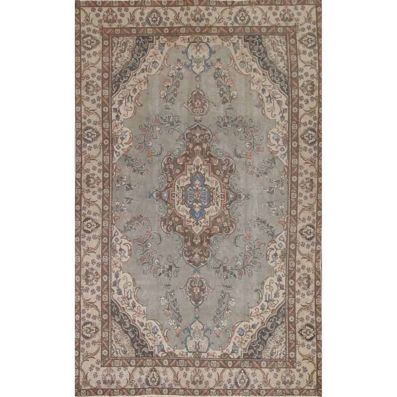 Hand Knotted Oriental 100% Wool Carpet Traditional Medallion Greys & Charcoal Tabriz Area Rug - 10' 9'' X 7' 2''
