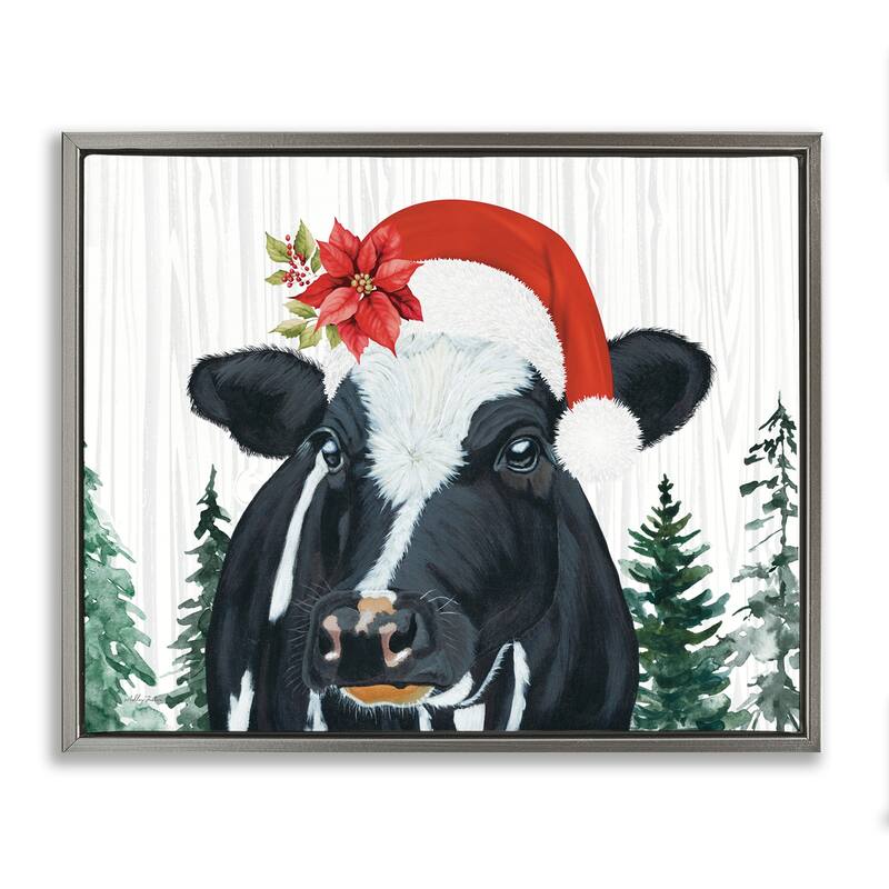 Stupell Christmas Hat Cow Portrait Framed Floater Canvas Wall Art Design By Ashley Justice - 31 x 25 - Grey