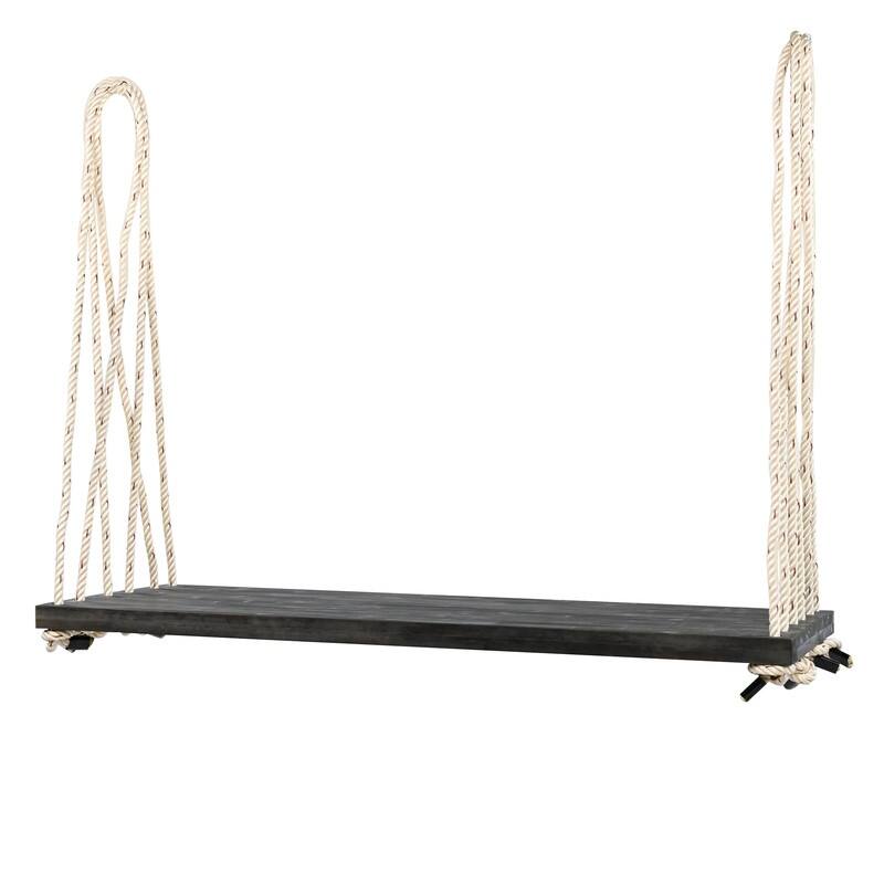 Porch Wooden Swing Chair with Hemp Ropes, Patio Hanging Swing Bench with Cushion & 2 Pillows