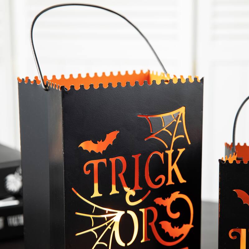 Glitzhome Set of 2 Hollow Out Metal Bucket Lanterns Candle Holder for Fall Halloween Thanksgiving