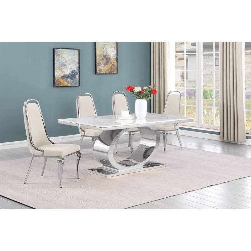 Best Quality Furniture D430/1-SC310-7 Dining Set with 68" White Marble Top - 5-Piece - Cream / Silver