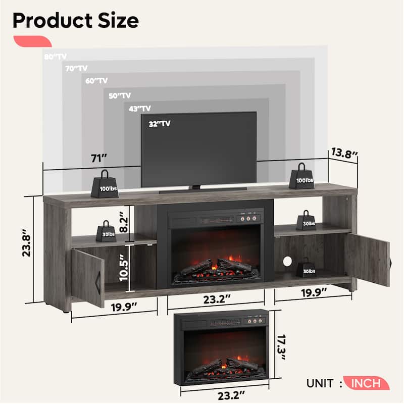 Bestier 70" Fireplace TV Stand for TVs up to 75", LED Entertainment Center with 23" Remote Control Electric Fireplace
