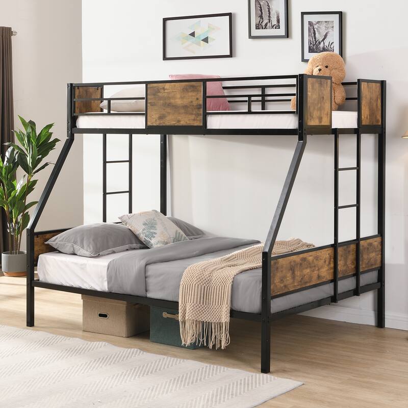 Metal Bunk Bed with Ladder & Guardrail, No Box Spring Needed, Under-Bed Storage, Easy Assembly, Black & Brown - Black+Brown