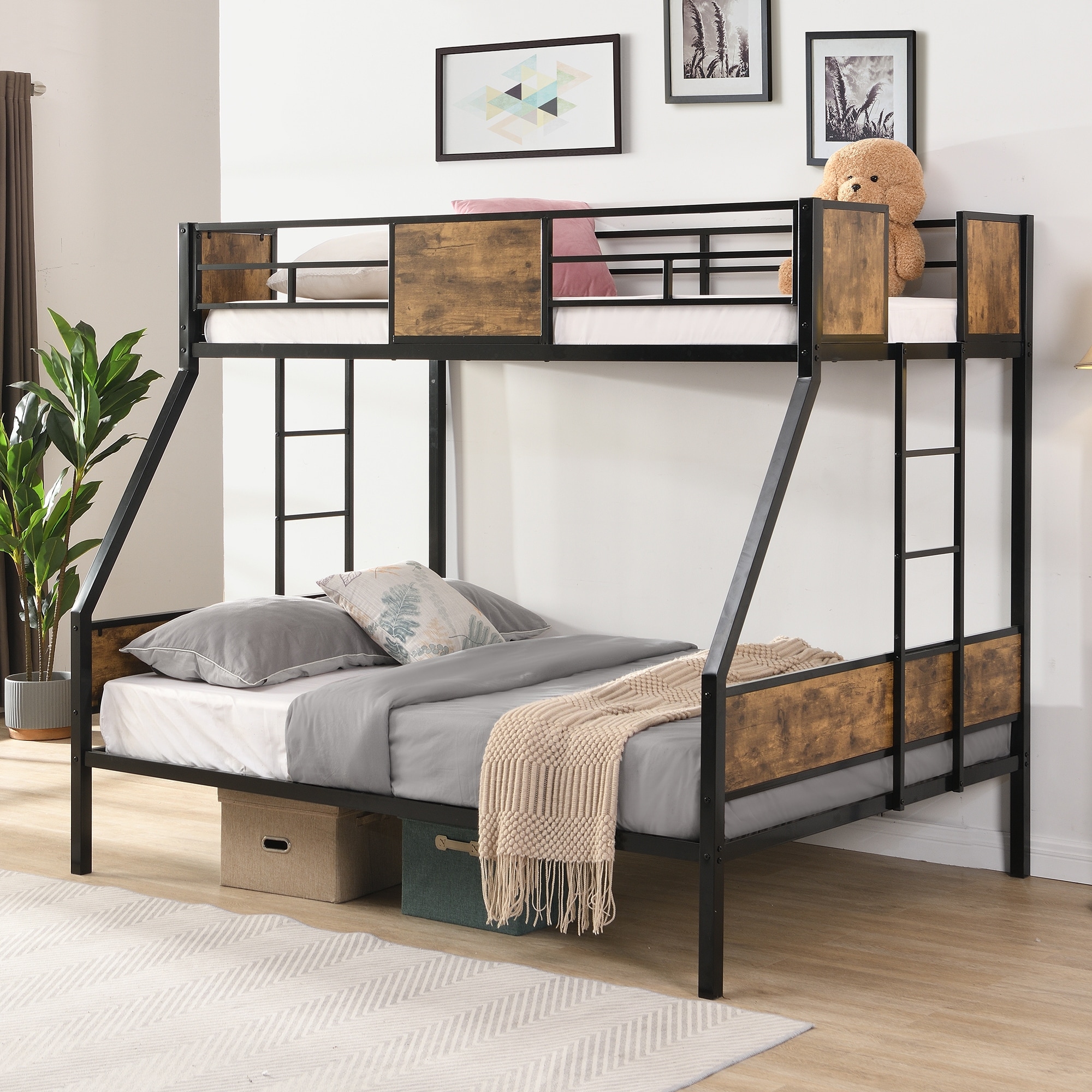 Twin Over Full Metal Bunk Bed with 2, Side Ladder and Full-Length Guardrail, No Box Spring Needed, Large Under Bed Storage