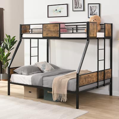 Twin Over Full Size Metal Bunk Bed with Dual Side Ladders and Guardrails, 11" Under-Bed Storage, No Box Spring Needed