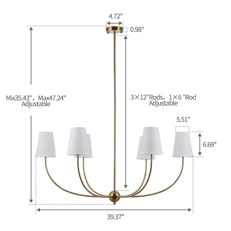 6-Light Wide Retro Black Finish Chandelier With White Fabric Shade