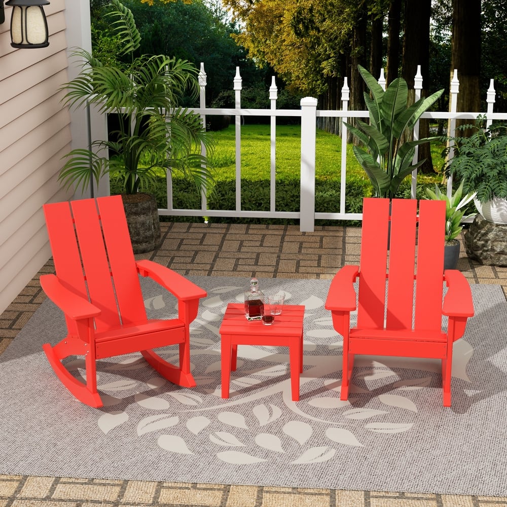 Shoreside Modern Eco-Friendly All Weather Poly Adirondack Rocking Chairs with Side Table (3-Piece Set)