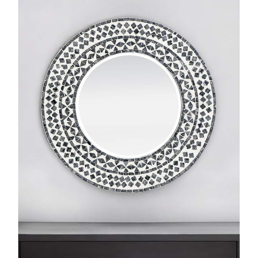 HomeRoots 24" Black And White Round Wood And Shell Framed Accent Mirror - 24' X '24' X '0.8