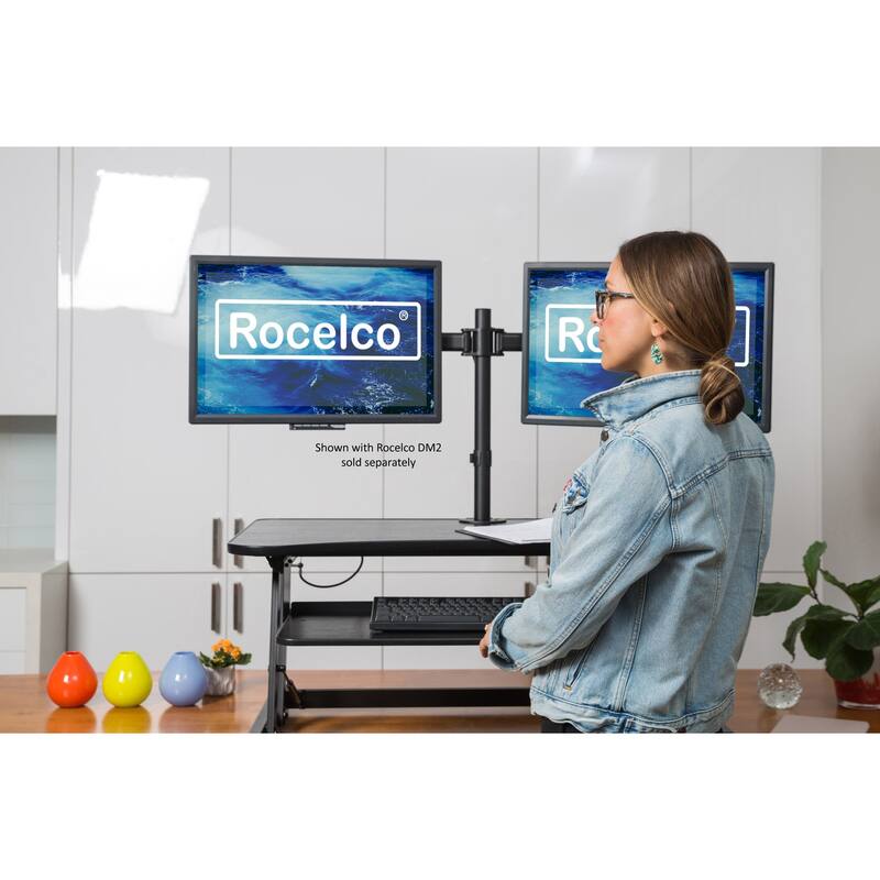 Rocelco 37.5 in. W Gray Height Adjustable Standing Desk Converter with Anti Fatigue Mat and Dual Monitor Riser Platform