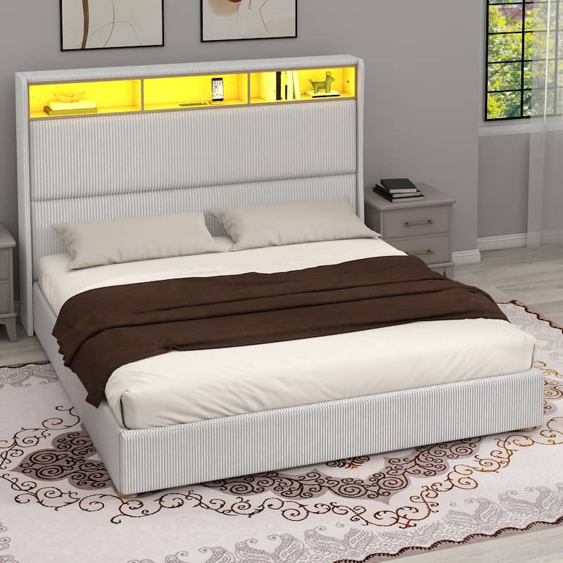 53'' Tall Storage Wingback Headboard, Corduroy Upholstered Platform Bed Frame with Charging Station and RGB LED Lights - King
