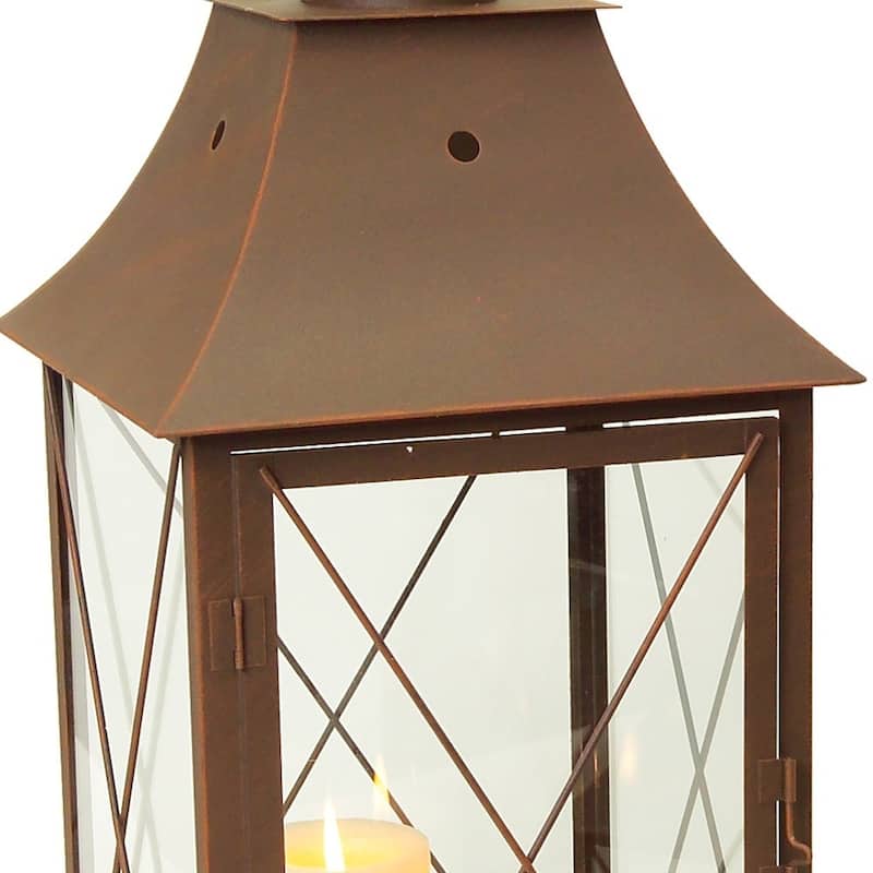 HomeRoots Set Of Three Brown Flameless Floor Lantern Candle Holder - 15