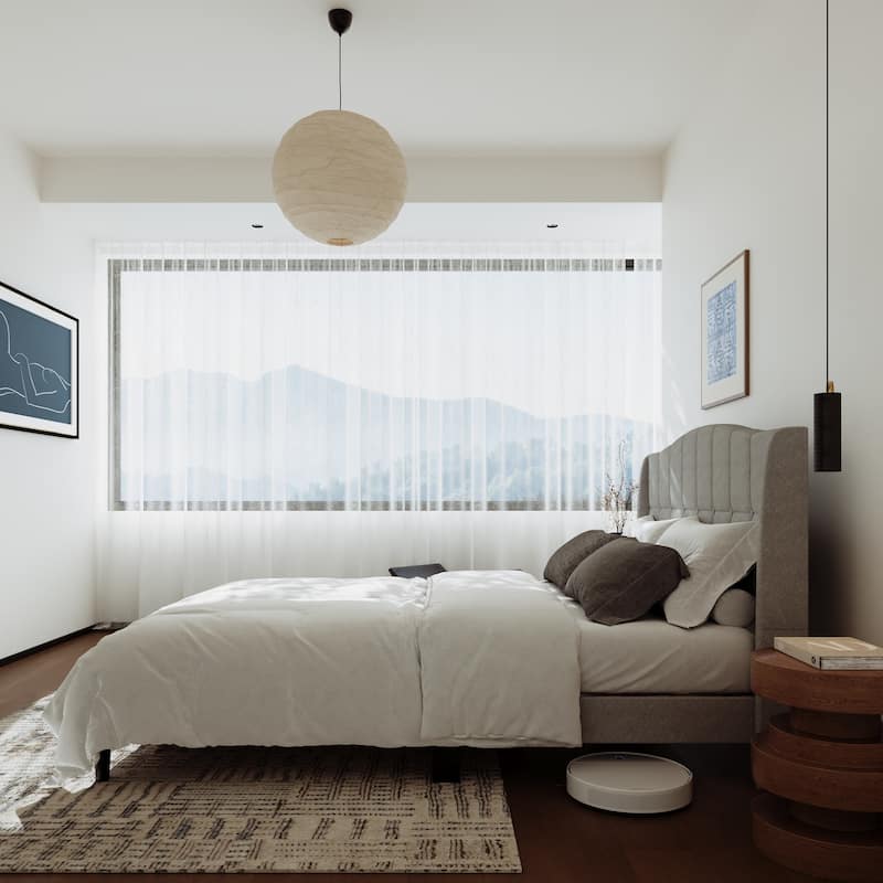Upholstered Platform Bed Frame with Wingback Headboard and Wooden Slats