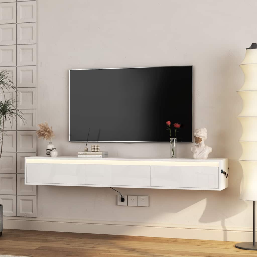Floating TV Stand with Touch-Sensitive LED Light Strip, High-Gloss Cabinets, Modern Wall-Mounted Entertainment Center