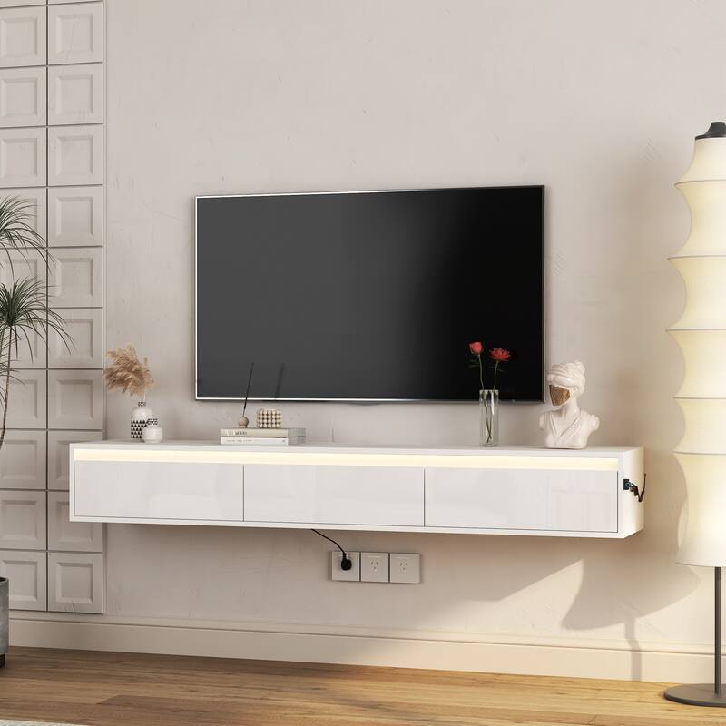 Modern Floating Wall-Mounted TV Stand High-Gloss TV Stand with LED Lights and Power Outlet, for Living Rooms