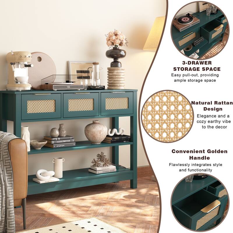 Anmytek Teal Rattan Entryway Console Table with 3 Drawers Adjustable Shelves Boho Chic Storage
