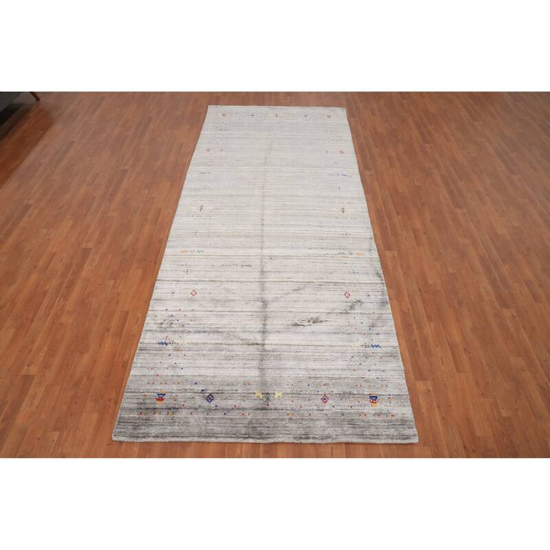 Hand Knotted Oriental Viscose Silk Carpet Tribal Animal Pictorial Greys & Charcoal Gabbeh Area Rug - 11' 8'' X 4' 11''