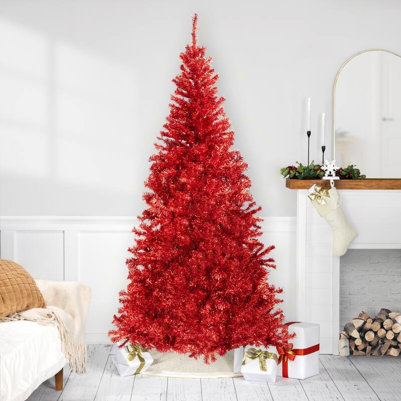 Artificial Tinsel Christmas Tree - 7' - Red - Unlit - 7 Foot