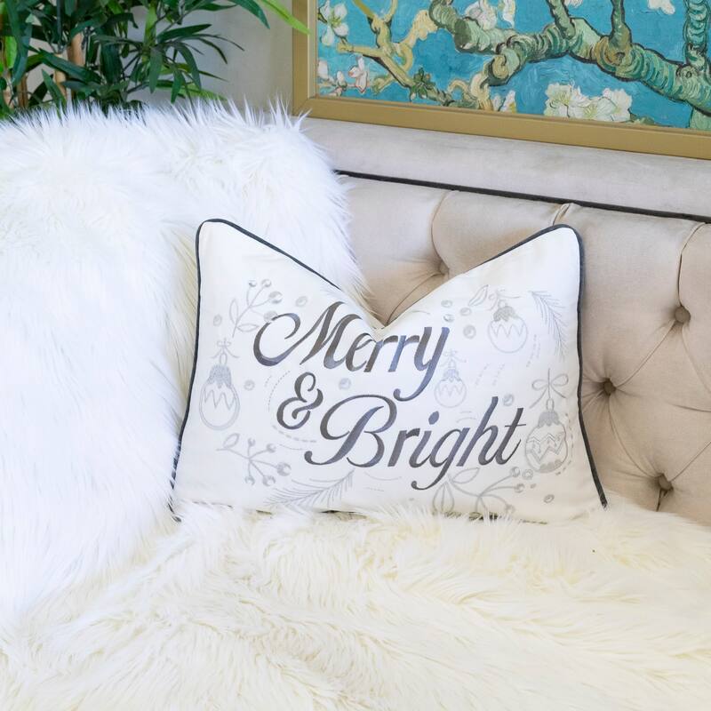 Merry & Bright Christmas Throw Pillow - 14x20" White and Silver Embroidered Velvet Lumbar Cushion