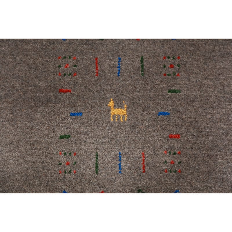 Tribal Gabbeh Area Rug Hand-Knotted Grey Wool Carpet - 8'0" x 9'11"