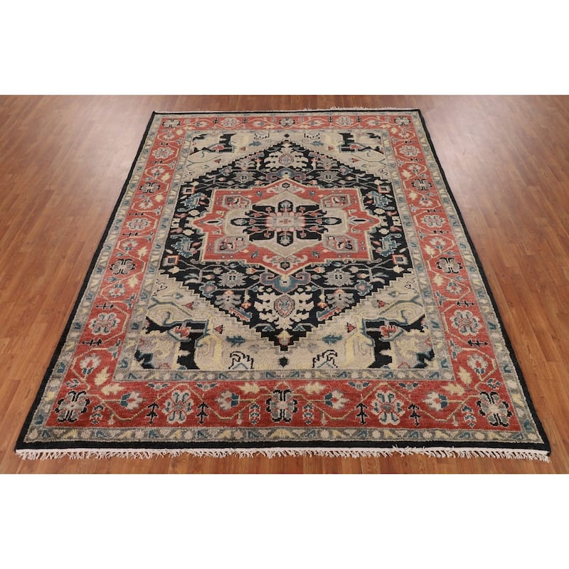 Black Geometric Heriz Serapi Indian Area Rug Hand-Knotted Wool Carpet - 7'11" x 9'9"