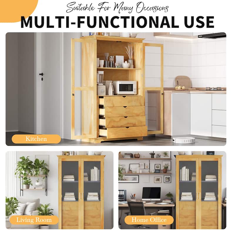 75" Solid Pine Wood Kitchen Pantry Cabinet with Glass Doors and 4 Drawers, Freestanding Storage Display Cabinet for Dining Room