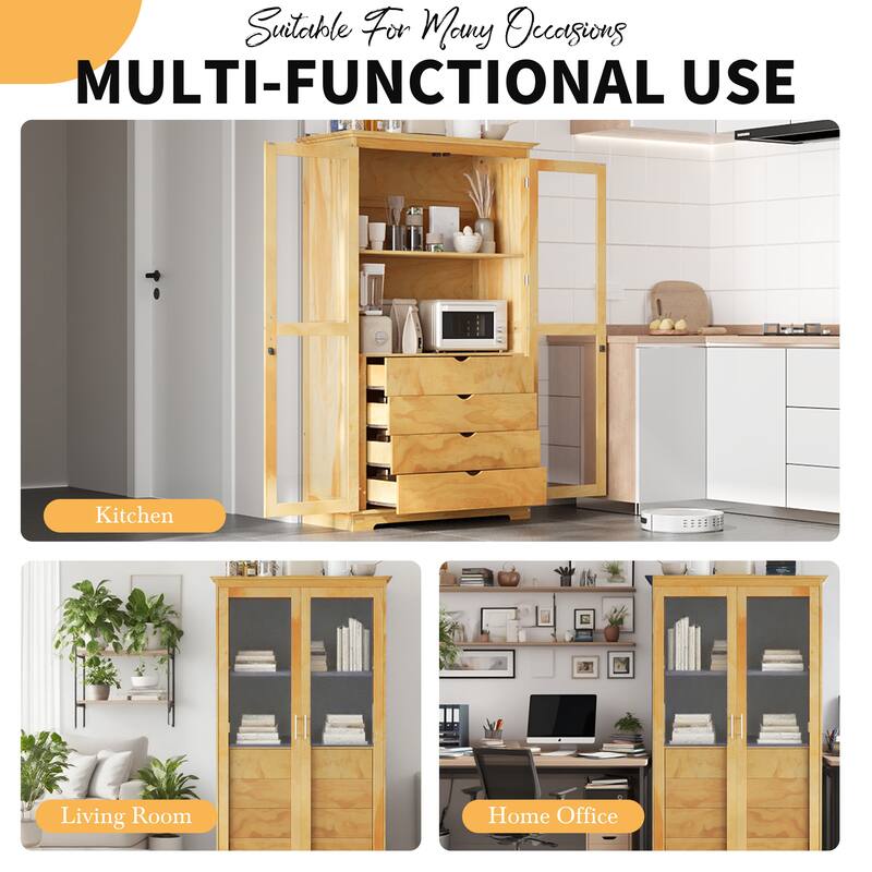 Pantry Cabinet with Glass Door, 2 Shelves & 4 Built-in Drawers, Kitchen Pantry Storage Cabinet, Freestanding Kitchen Cupboard