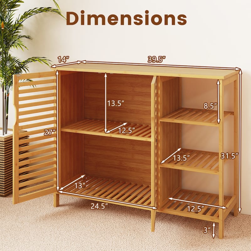 39.5" Natural Wicker Bathroom Storage Cabinet with Open Shelves and 2-Door for Kitchen or Living Room - 39.5" x 14" x 31.5"