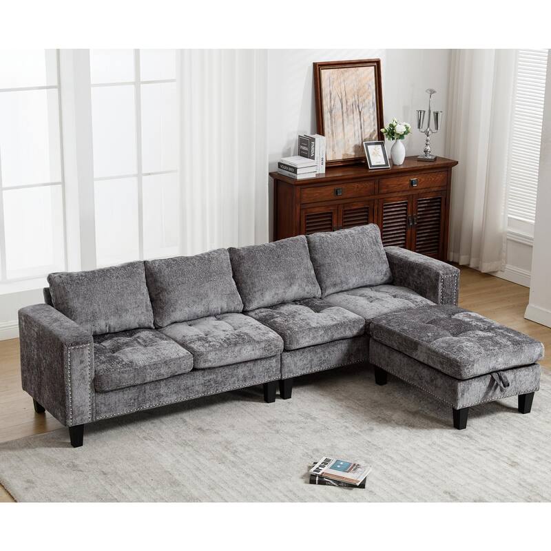 Grey 104.5'' L-Shaped Modular 5 Seat Sectional Sofa with Storage Ottoman, Reversible Chaise and 4 Back Cushions