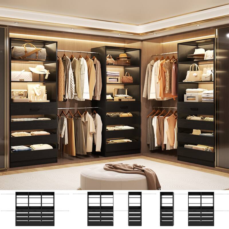 140'' Walk-in Closet Organizer System with 12 Drawers ＆ 4 Hanging Rods, 8.5-11.5FT Wooden Wardrobe Clothes Rack with 3 Towers