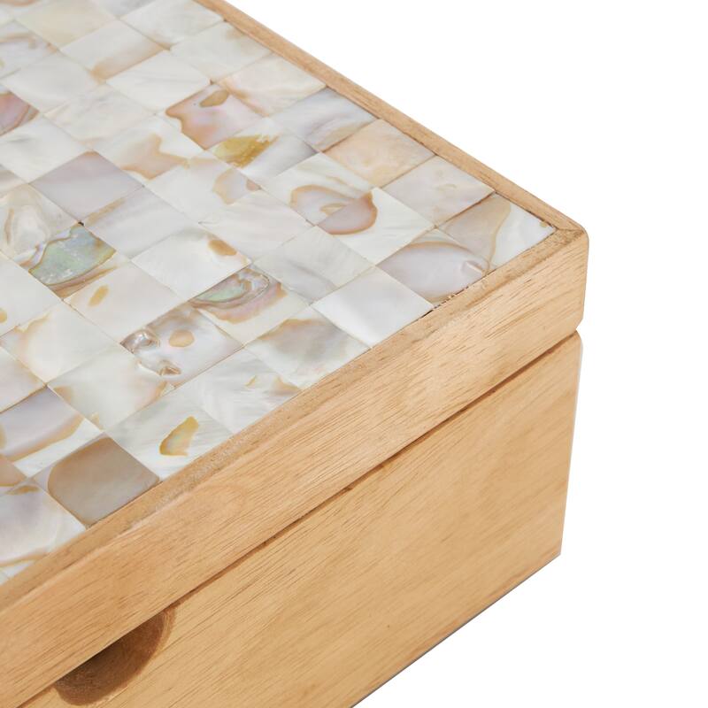 Wood Handmade Storage Box with Seashell Tops - Set of 2 Light Brown - Roche River Decor - 8"W x 12"L x 5"H